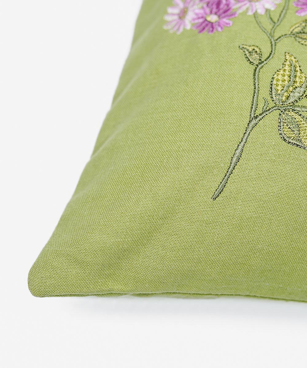 100% Cotton Embroidered Green Cushion Cover