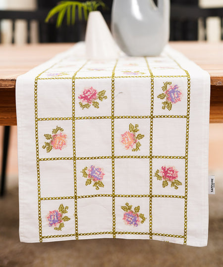 Cross Stitched Off White Table Runner