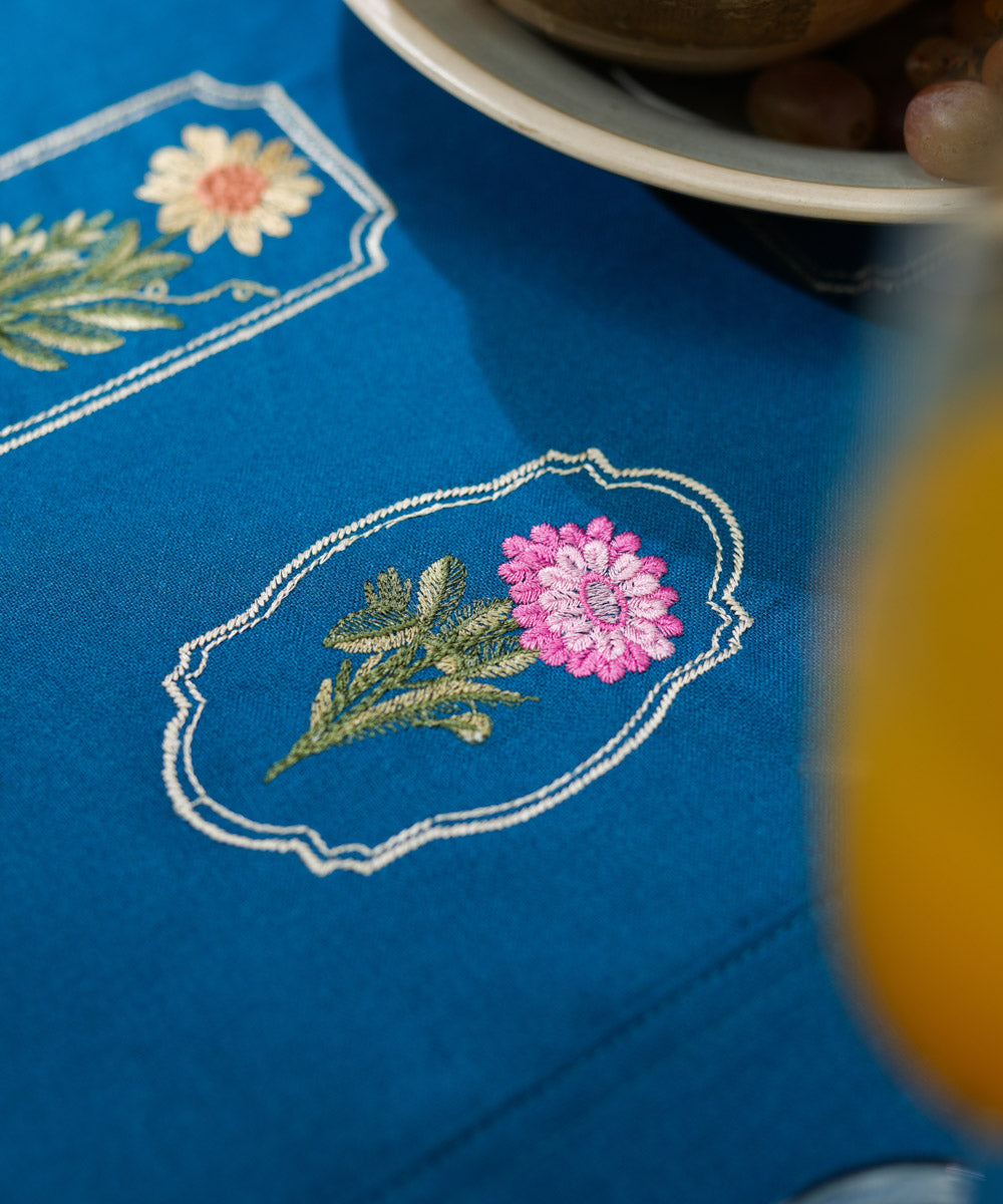 Half Panama Embroidered Blue Table Runner