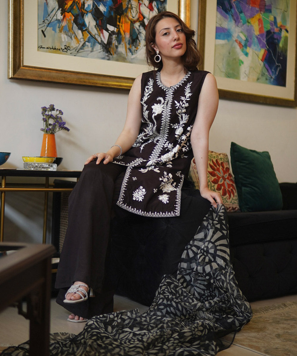 Women's Pret Silk Cotton Net Embroidered Brown 2 Piece Suit