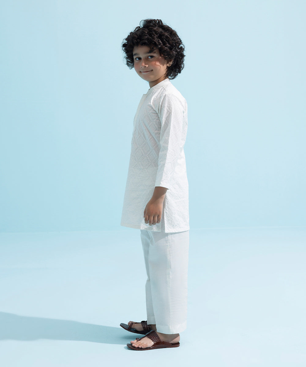 Kids East Boys Casual White Embroidered Cambric Kurta