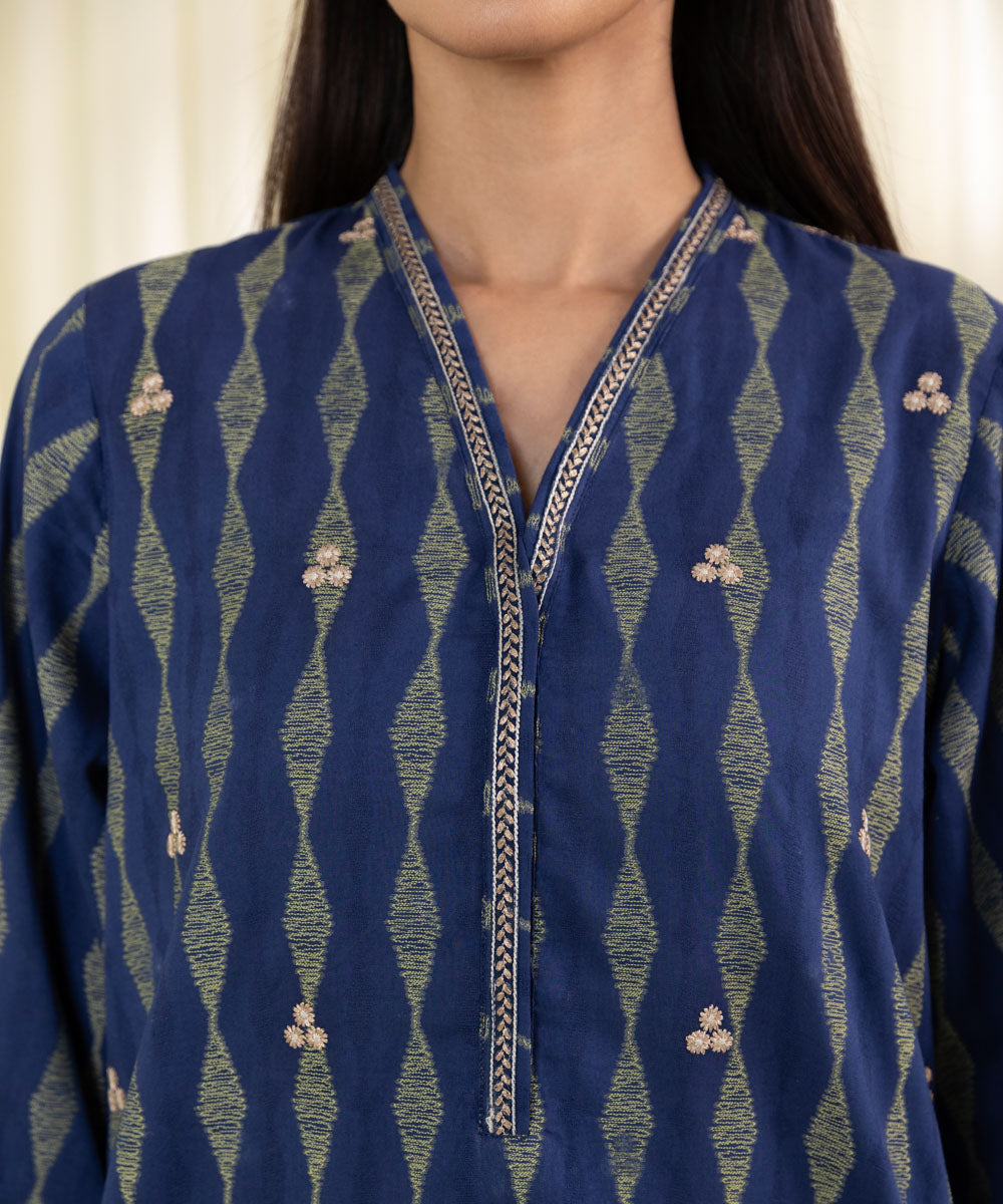 Women Blue Extra Weft Jacquard 2 PC Embroidered Suit
