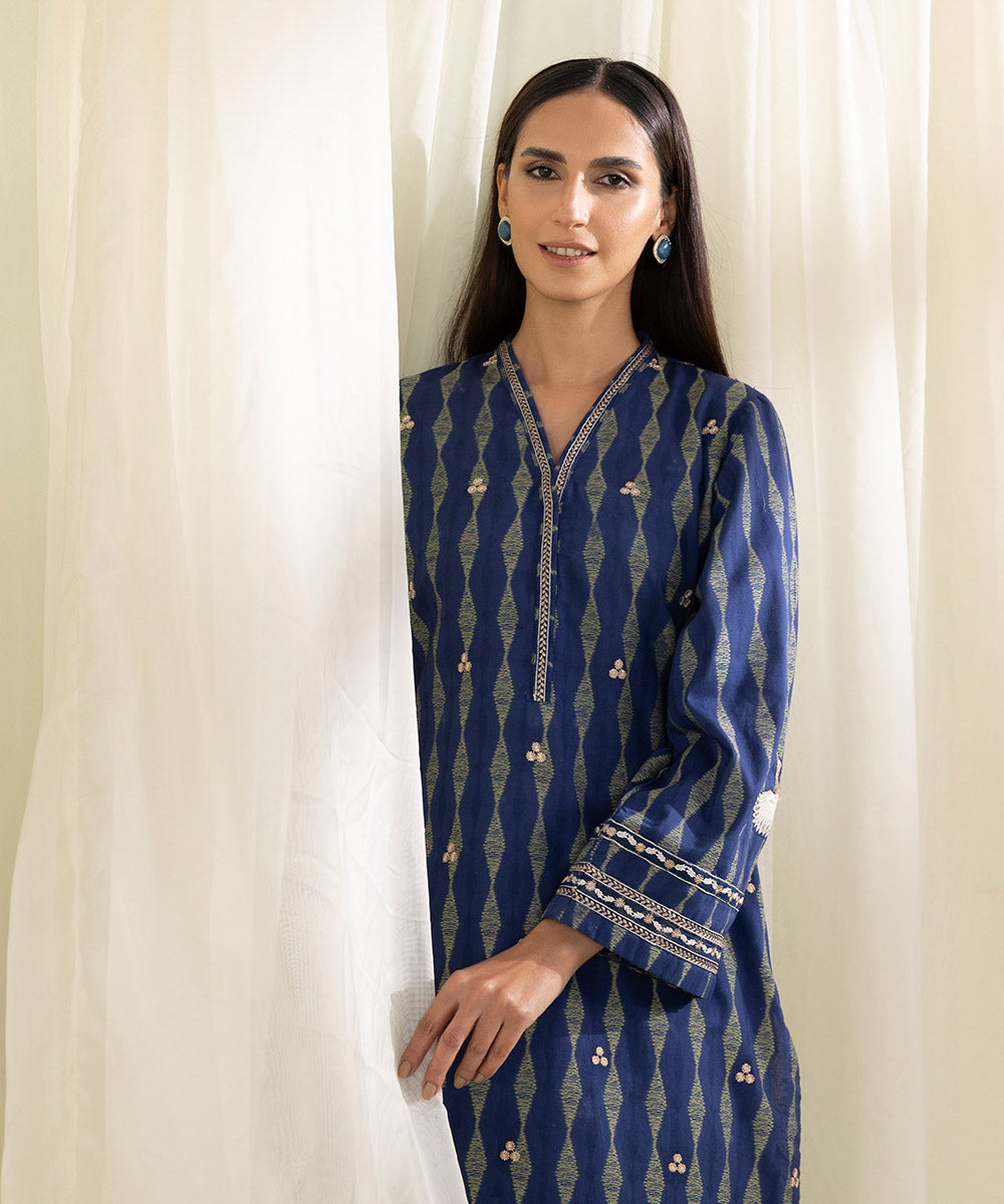 Women Blue Extra Weft Jacquard 2 PC Embroidered Suit