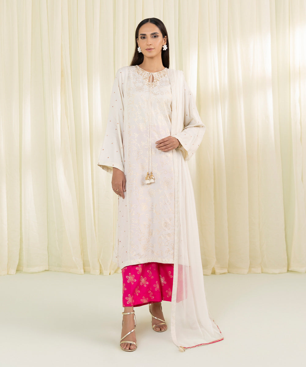 Women Off white and pink Viscose Raw Silk 3 PC Embroidered Suit