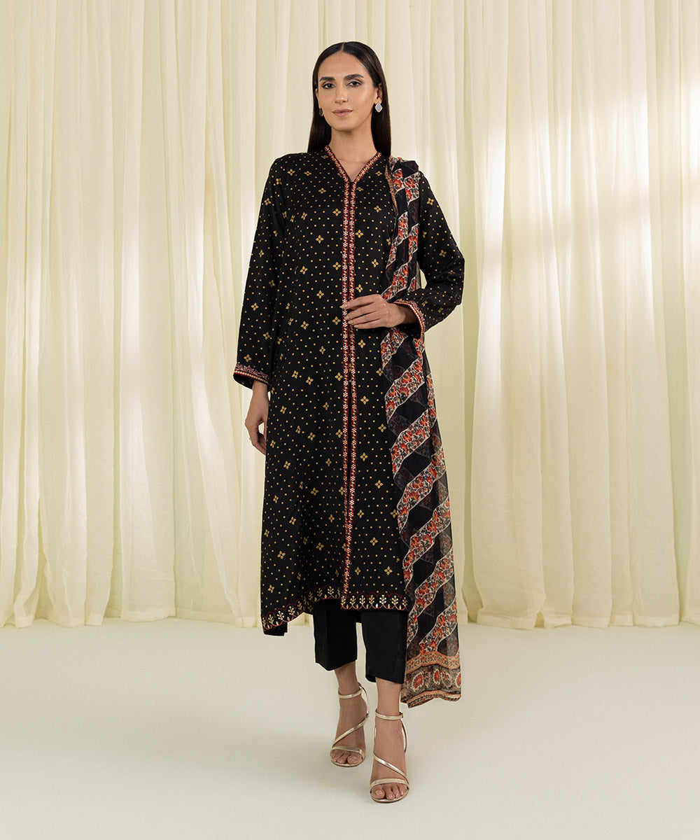Women Black Viscose Raw Silk 3 PC Embroidered Suit