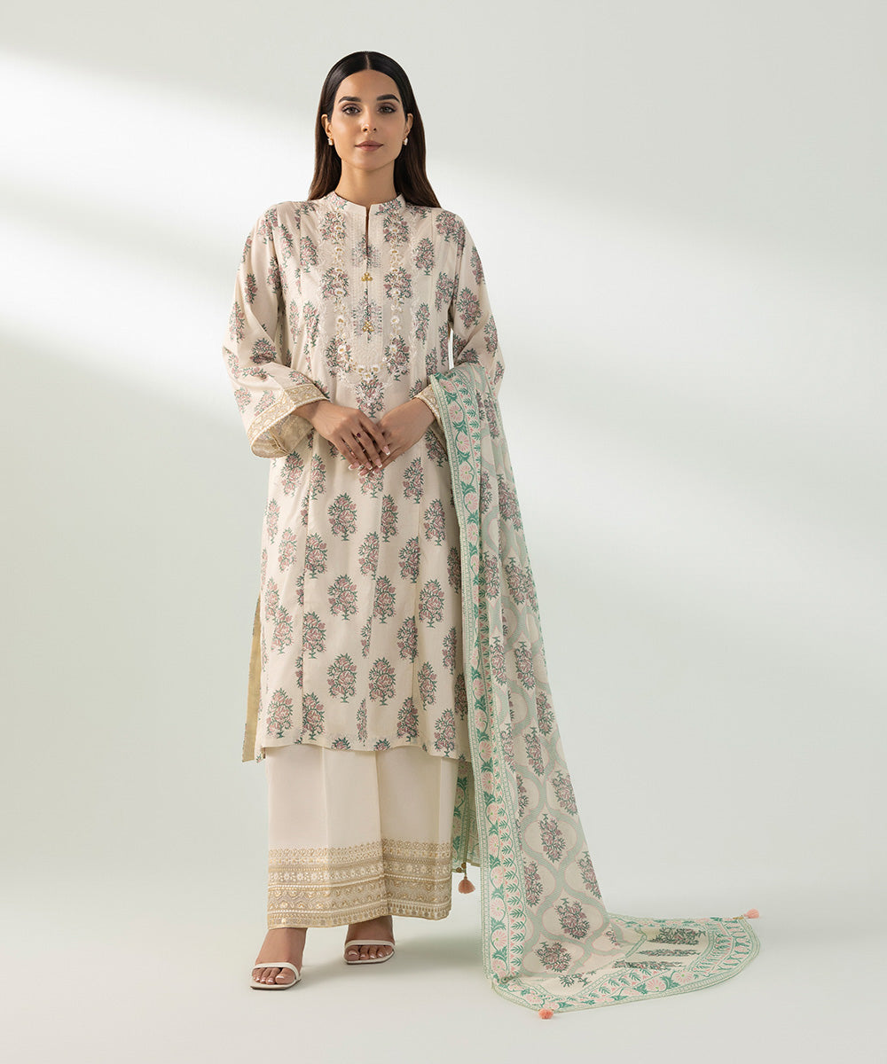 Women's Pret Lawn Embroidered Off White 3 Piece Suit