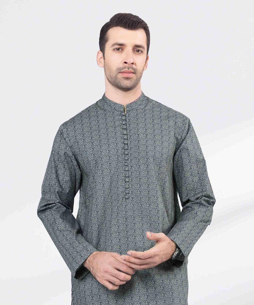 Men's Stitched Blue Printed Cotton Kurta