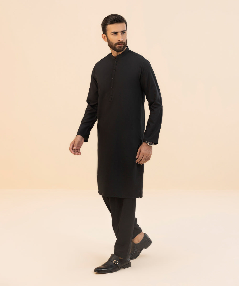 Men's Stitched Wash & Wear Fabric Black Straight Hem Suit