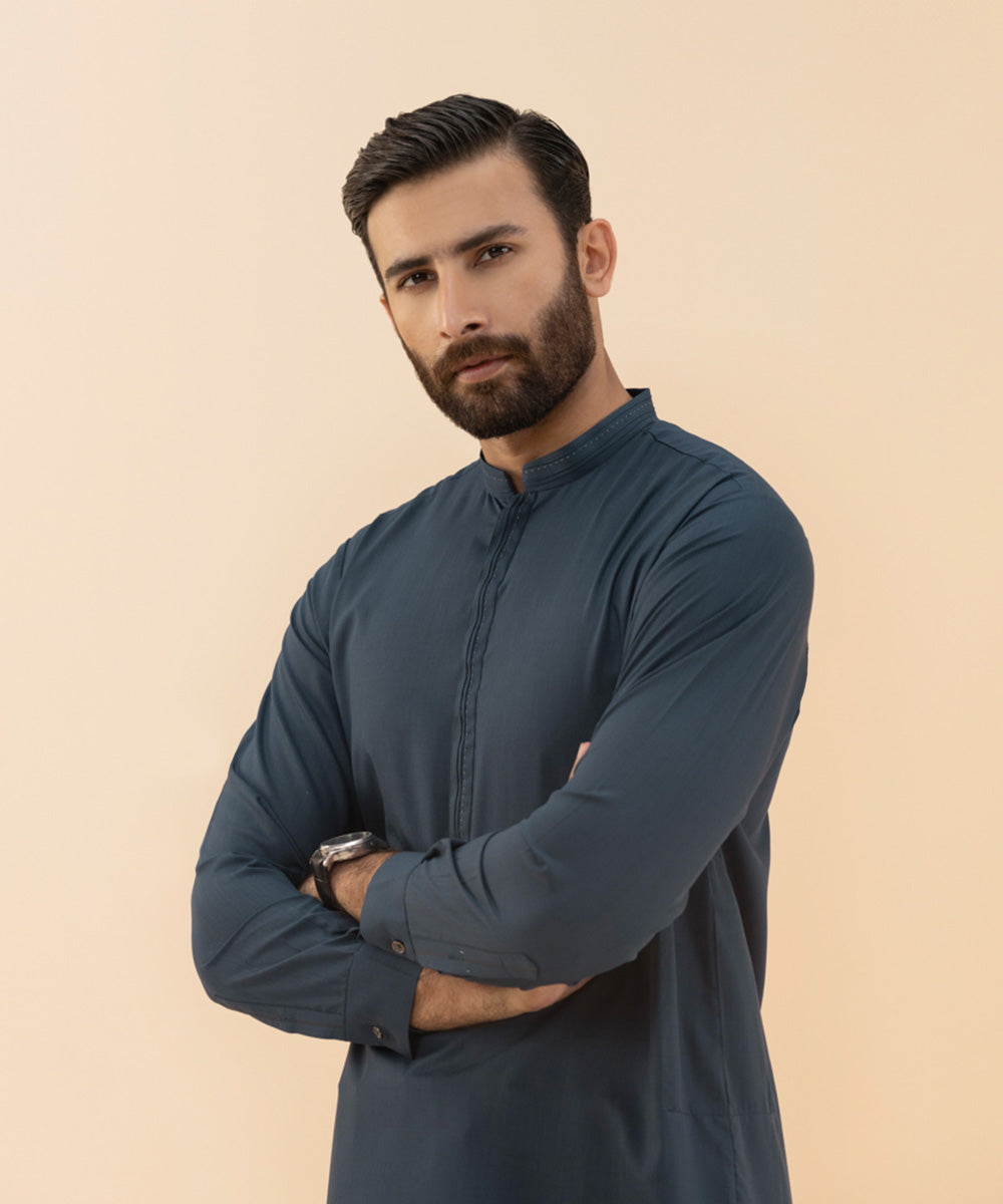 Men's Stitched Summer Wash & Wear Blue Round Hem Suit