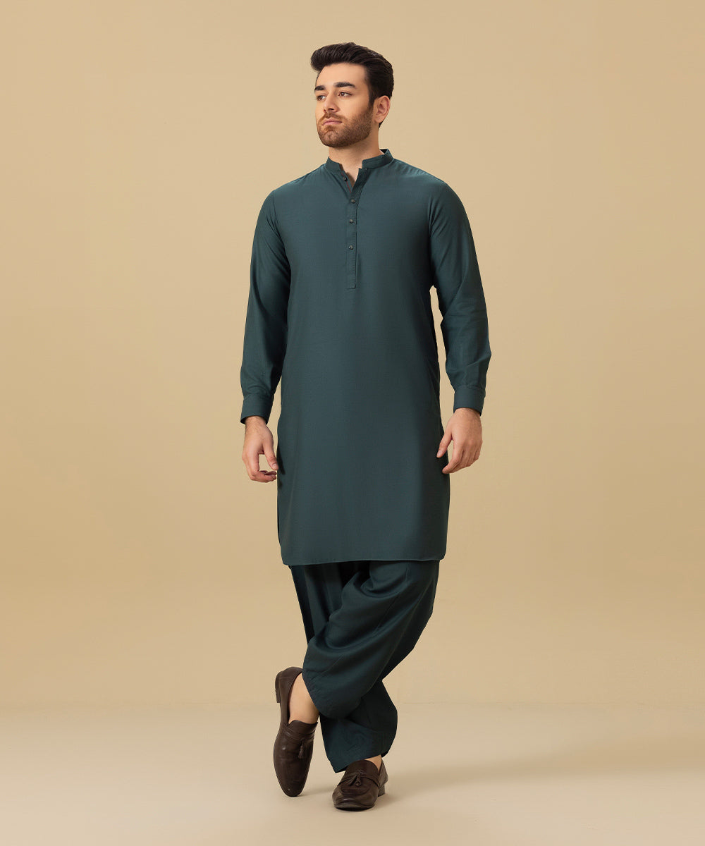 Men's Stitched Winter Suiting Fabric Green Round Hem Kurta Shalwar