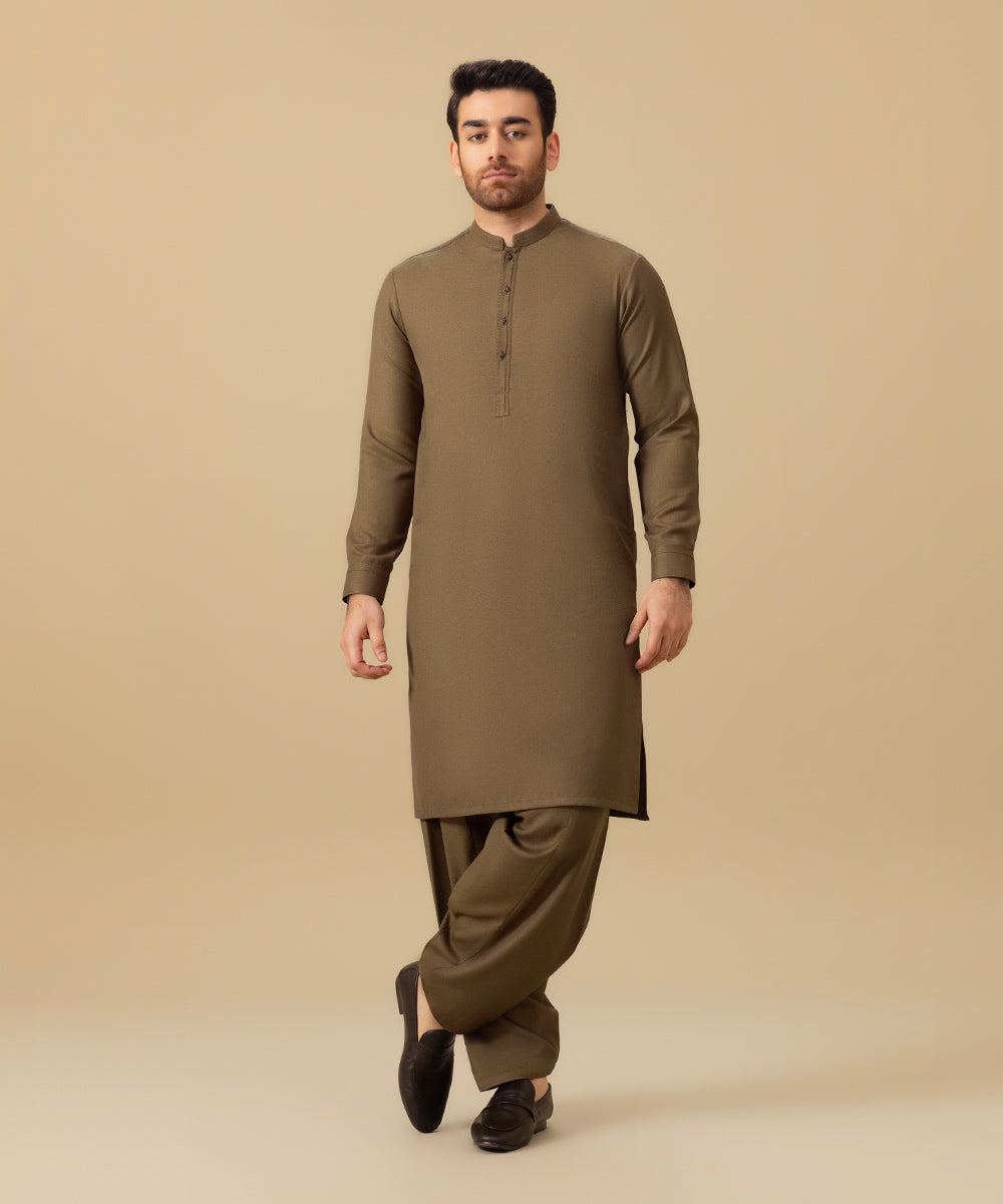 Men's Stitched Wool Blended Brown Straight Hem Kurta Shalwar