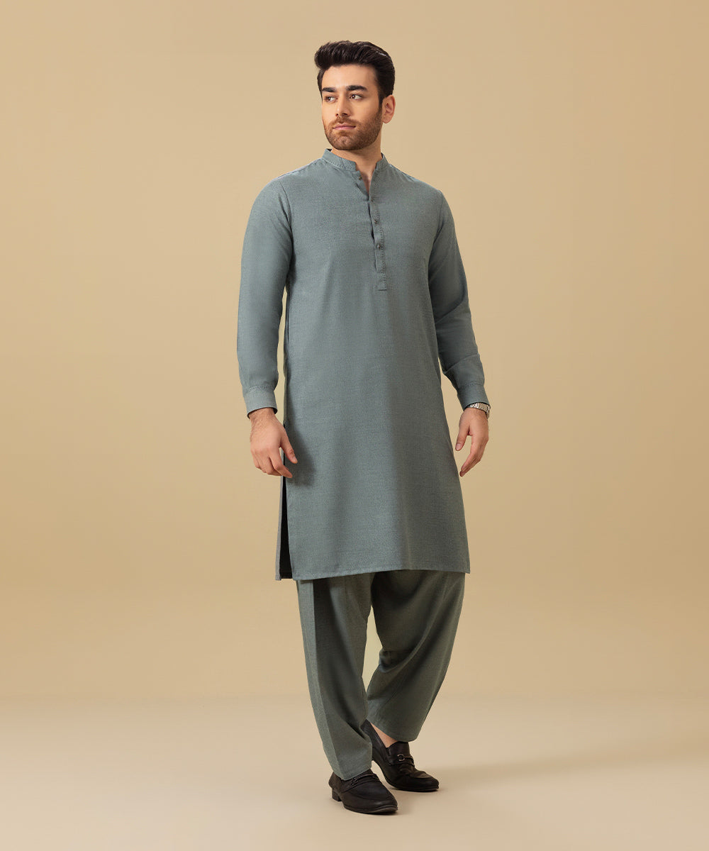 Men's Stitched Wool Blended Grey Straight Hem Kurta Shalwar