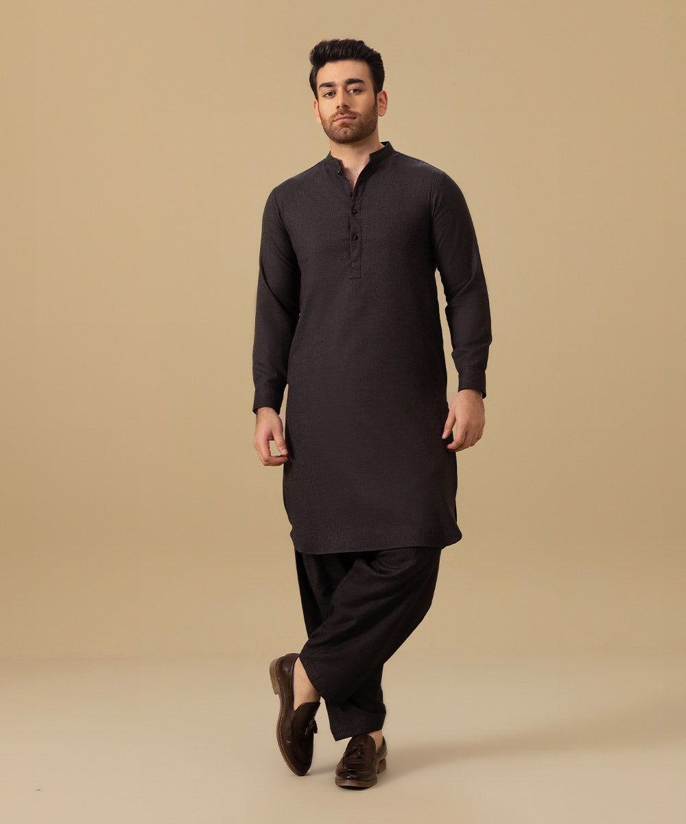 Men's Stitched Wool Blended Purple Round Hem Kurta Shalwar