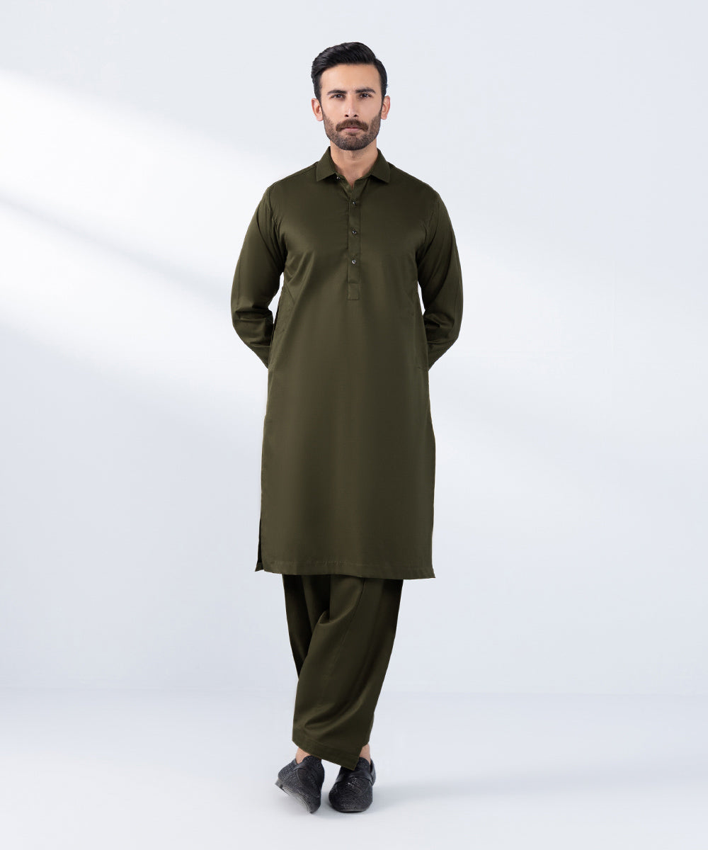 Men's Stitched Olive Premium Cotton Kurta Shalwar