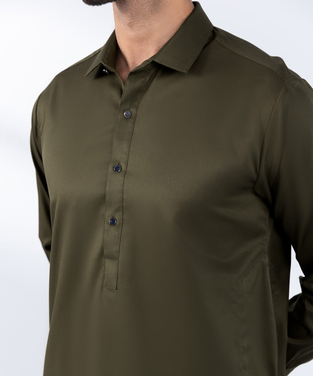 Men's Stitched Olive Premium Cotton Kurta Shalwar