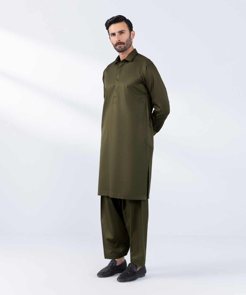 Men's Stitched Olive Premium Cotton Kurta Shalwar