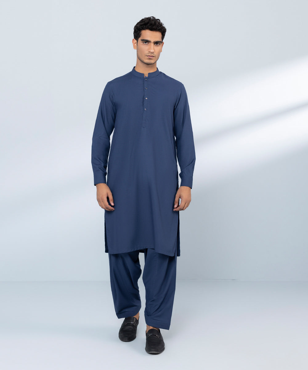 Men's Stitched Wash & Wear Blue Straight Hem Kurta Shalwar