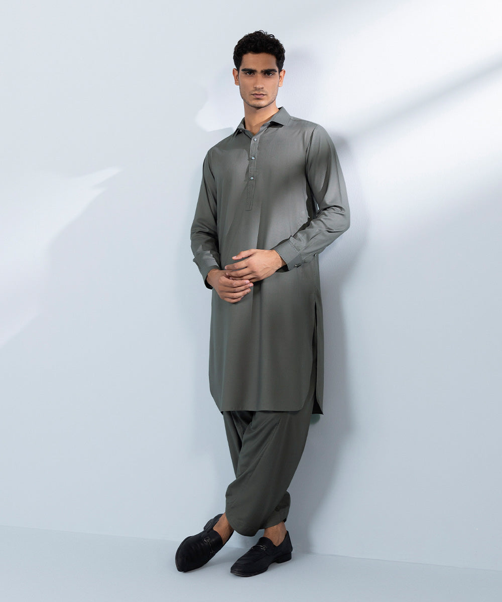 Men's Stitched Wash & Wear Grey Round Hem Kurta Shalwar