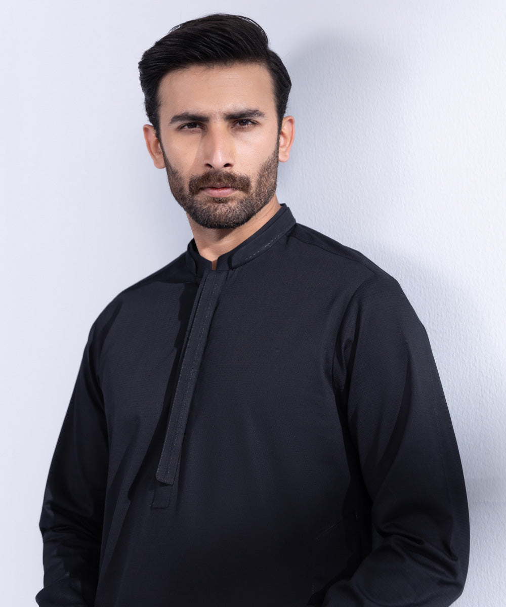 Men's Stitched Black Cotton Dobby Kurta Shalwar