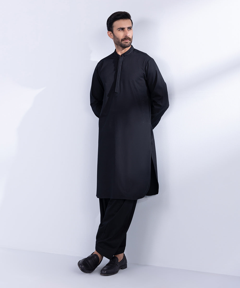 Men's Stitched Black Cotton Dobby Kurta Shalwar