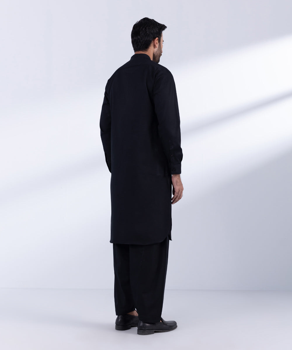 Men's Stitched Black Cotton Dobby Kurta Shalwar