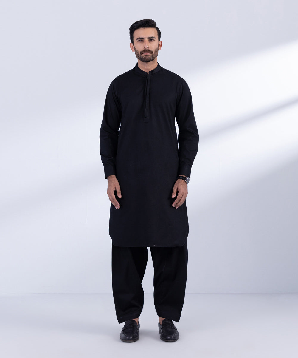 Men's Stitched Black Cotton Dobby Kurta Shalwar