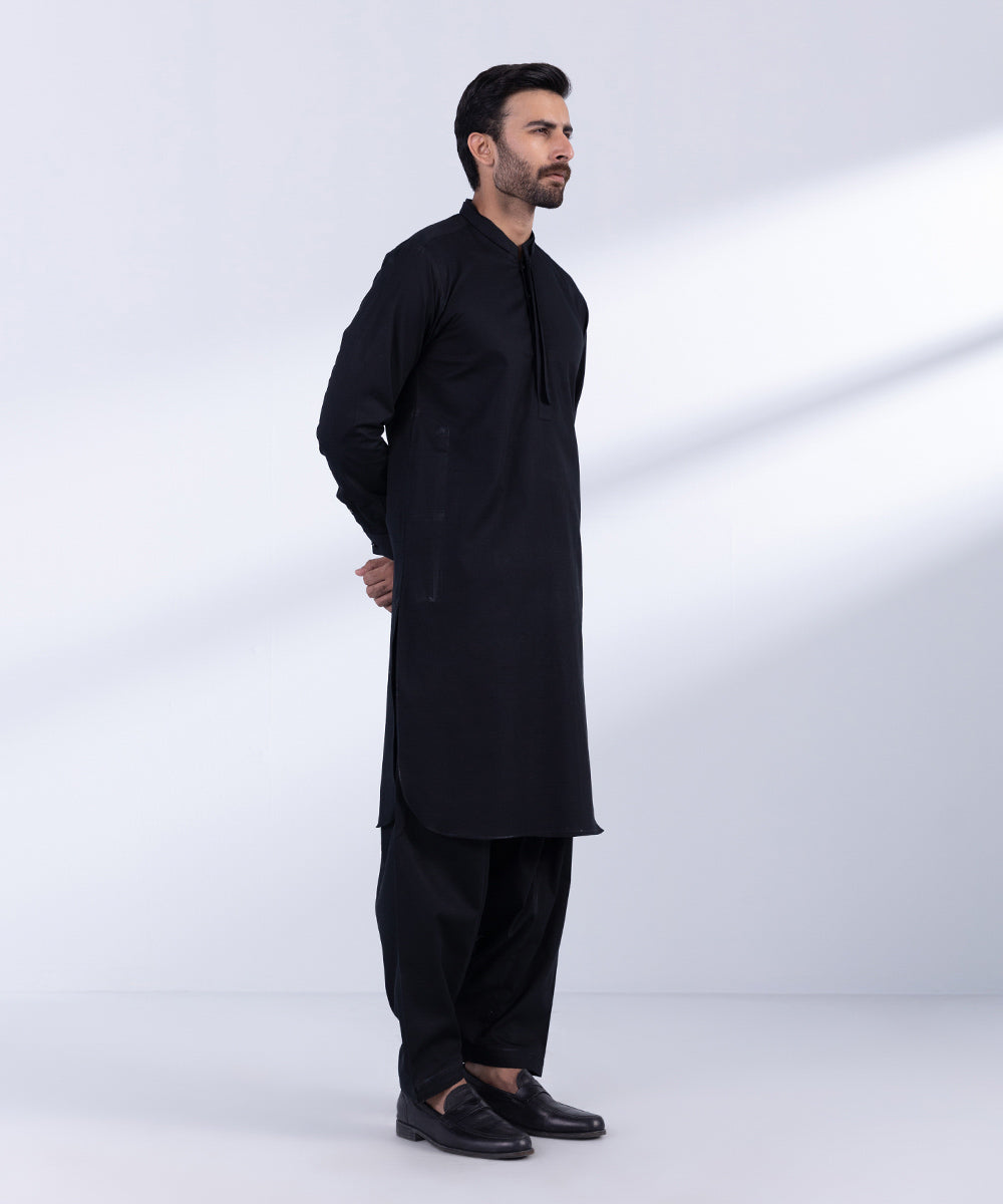 Men's Stitched Black Cotton Dobby Kurta Shalwar