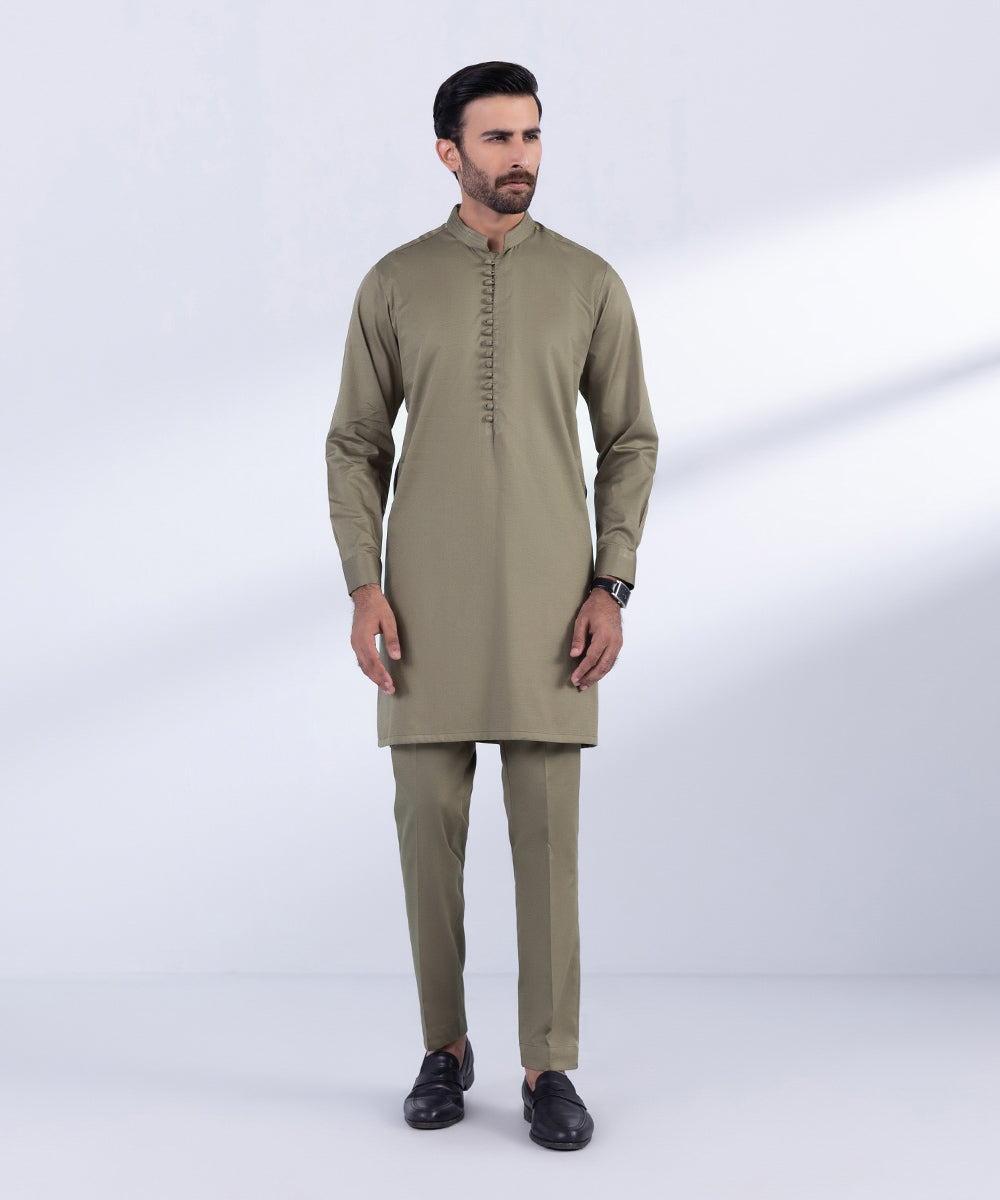 Men's Stitched Light Khaki Cotton Dobby Kurta Trousers