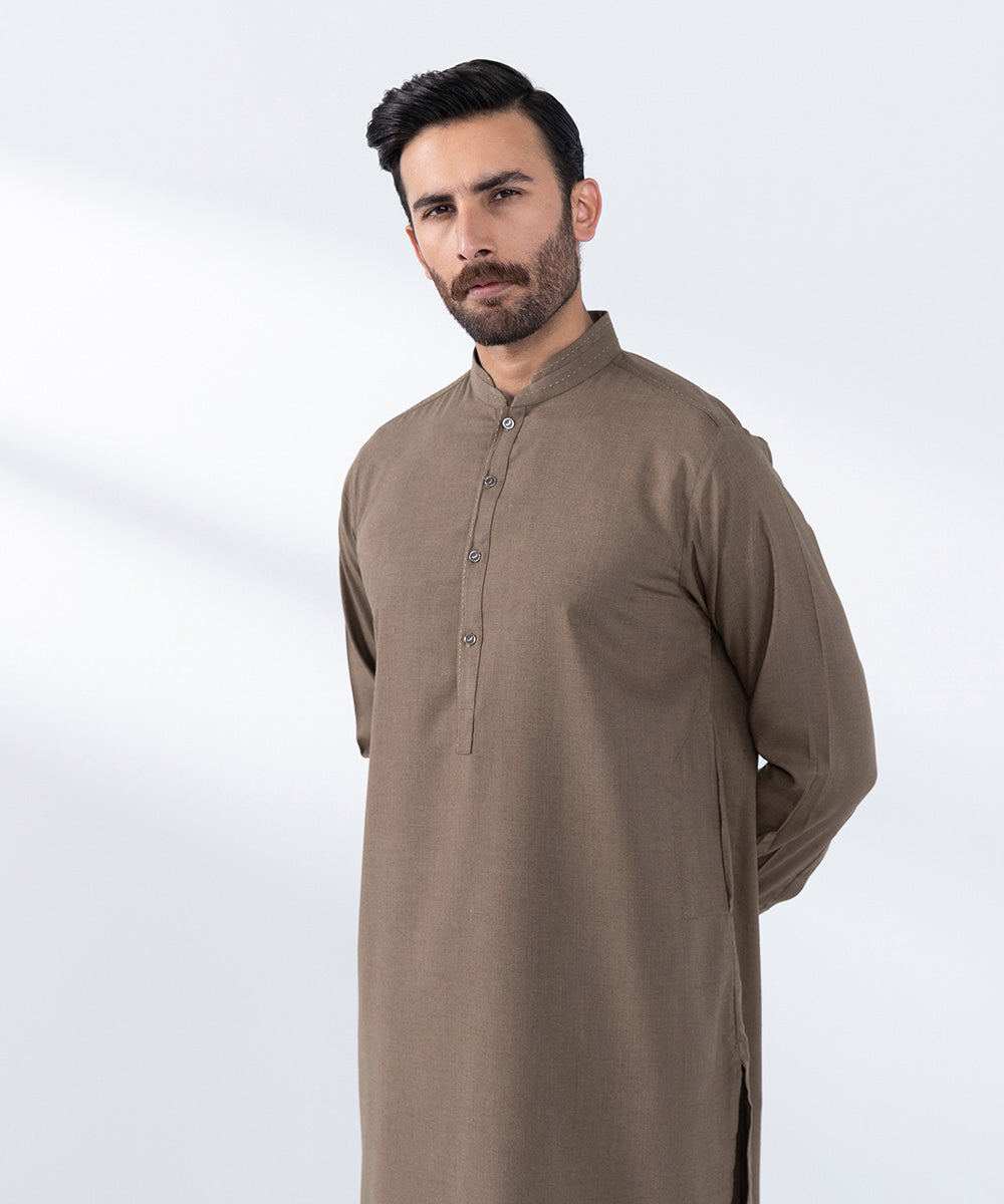 Men's Stitched Camel Brown Luxury Wool Kurta Shalwar