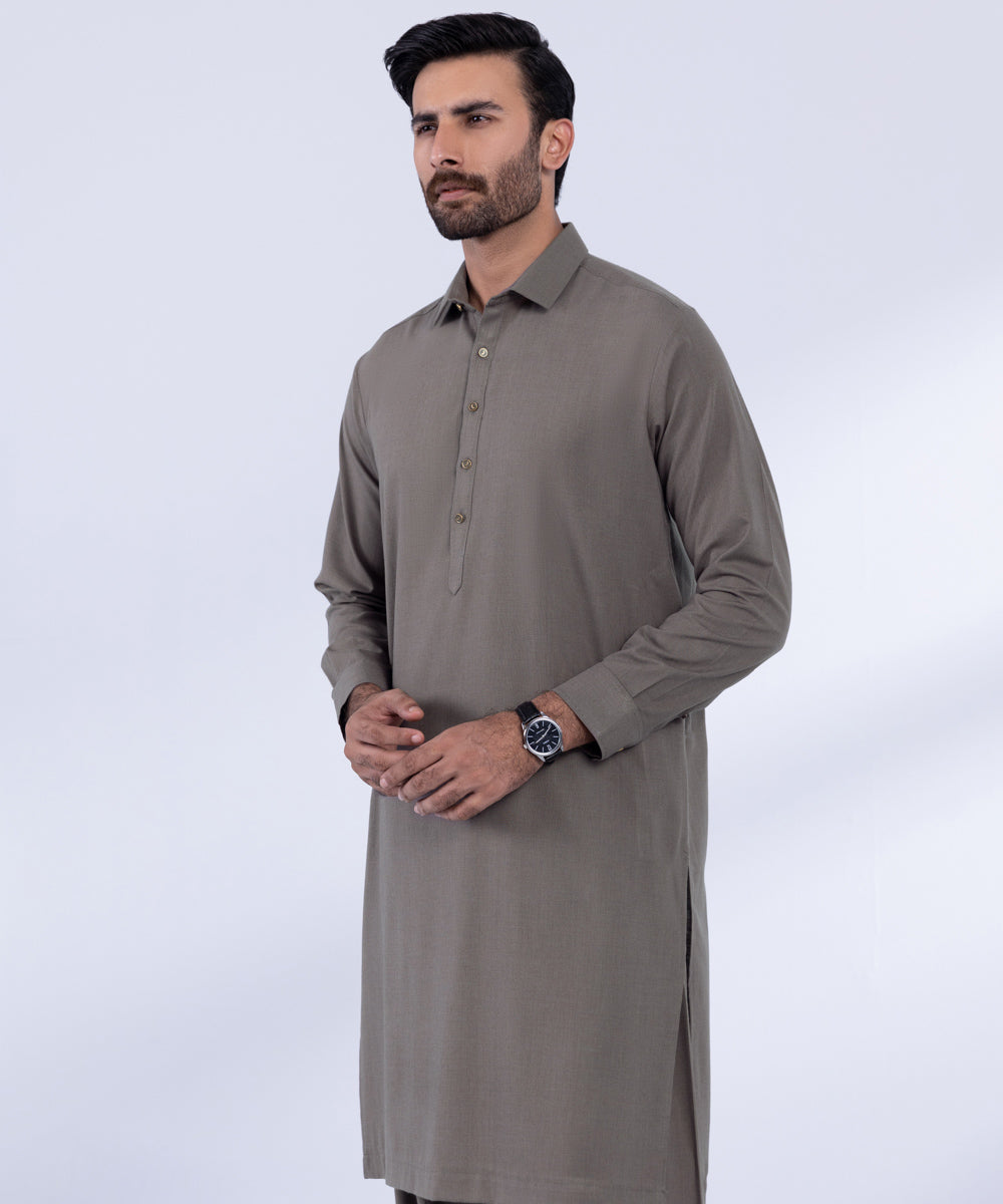 Men's Stitched Olive Grey Luxury Wool Kurta Shalwar