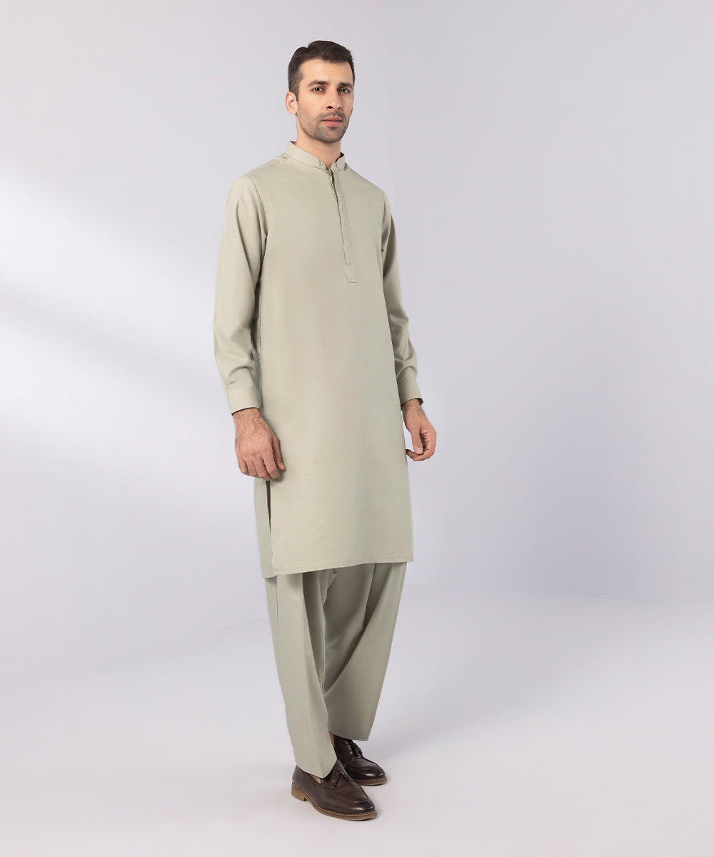 Men's Stitched Wash & Wear Khaki Straight Hem Kurta Shalwar