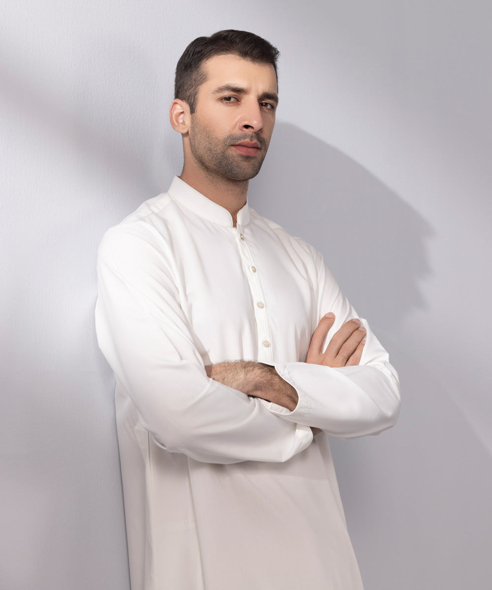 Men's Stitched Wash & Wear White Straight Hem Kurta Shalwar