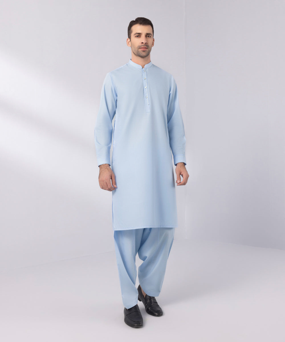 Men's Stitched Wash & Wear Sky Blue Straight Hem Kurta Shalwar