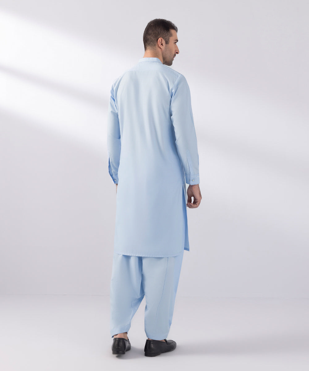 Men's Stitched Wash & Wear Sky Blue Straight Hem Kurta Shalwar