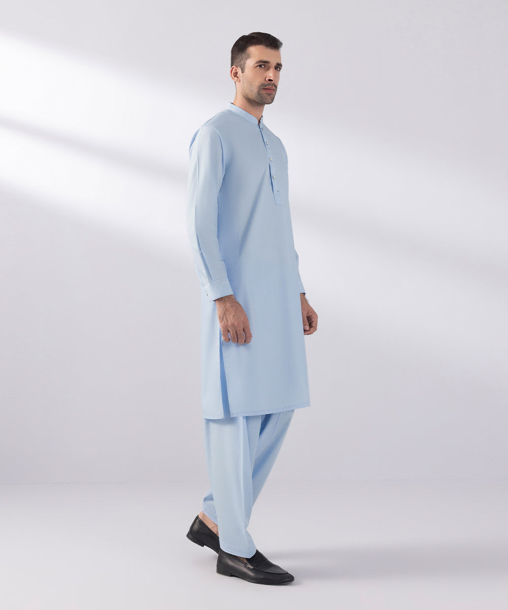 Men's Stitched Wash & Wear Sky Blue Straight Hem Kurta Shalwar