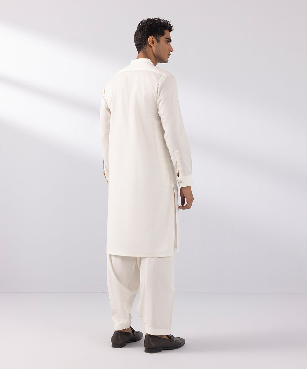 Men's Stitched Cotton Dobby Off White Straight Hem Kurta Shalwar