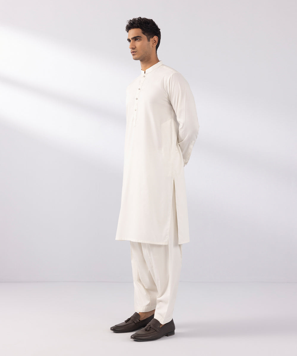 Men's Stitched Cotton Dobby Off White Straight Hem Kurta Shalwar