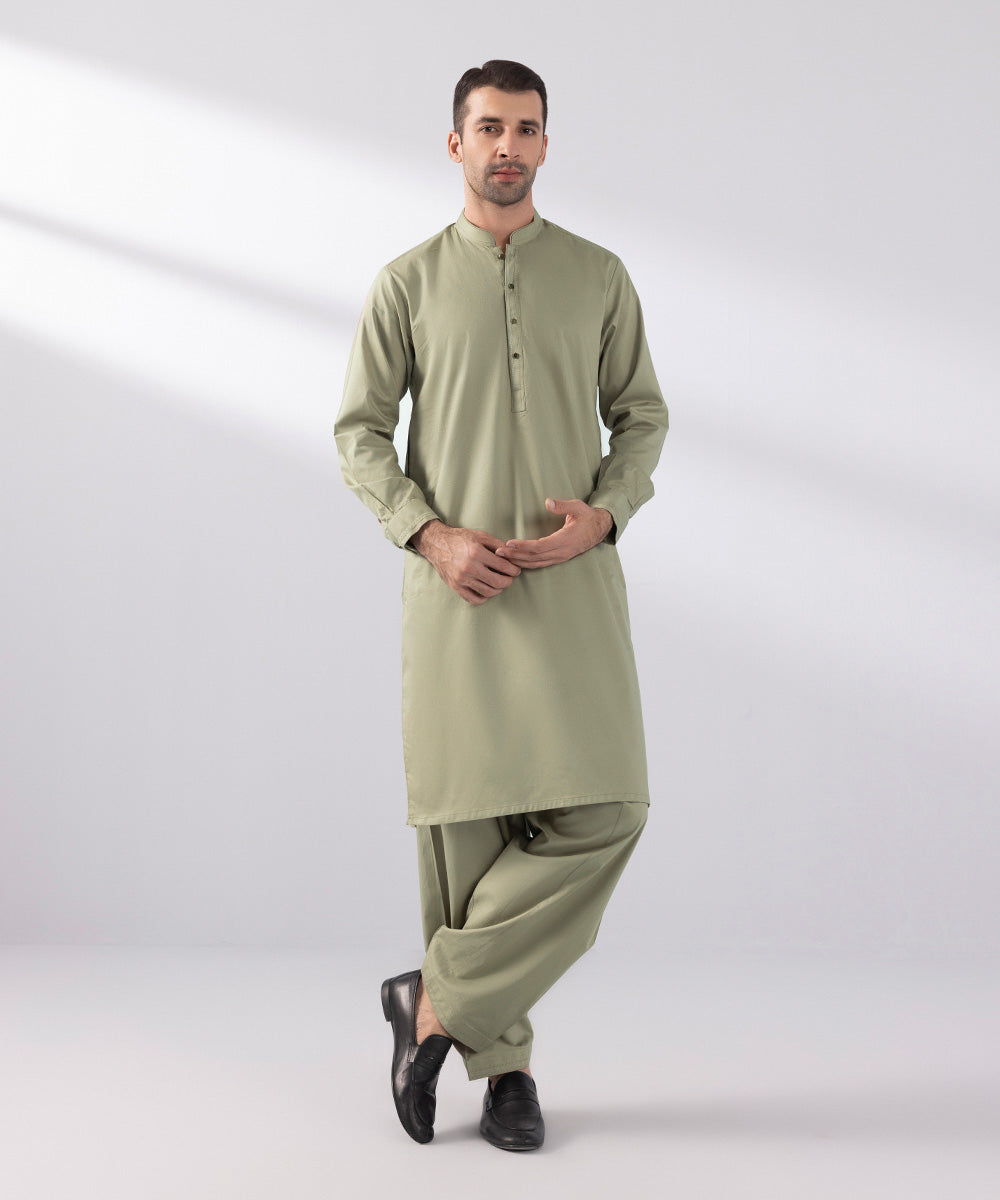 Men's Stitched Cotton Dobby Khaki Straight Hem Kurta Shalwar