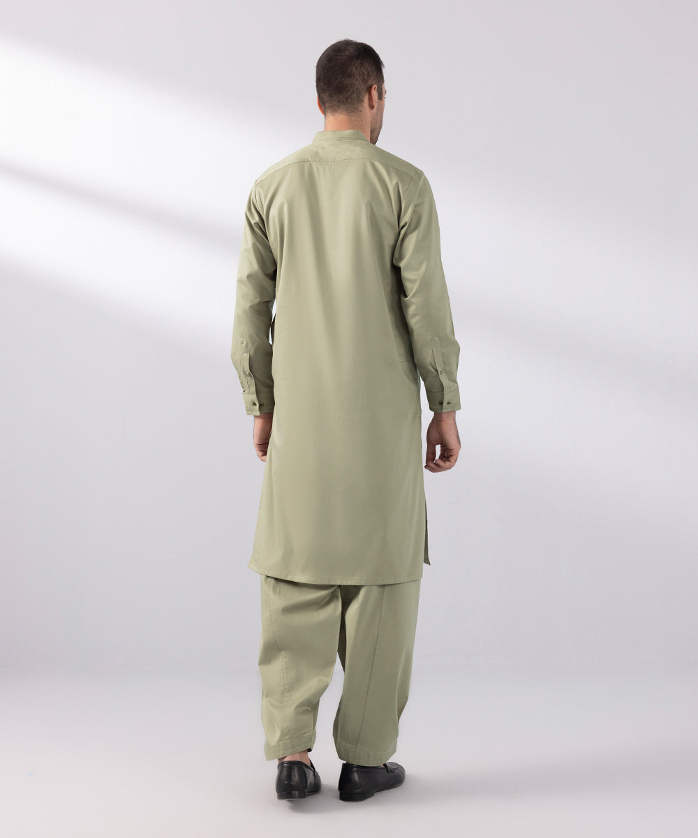 Men's Stitched Cotton Dobby Khaki Straight Hem Kurta Shalwar