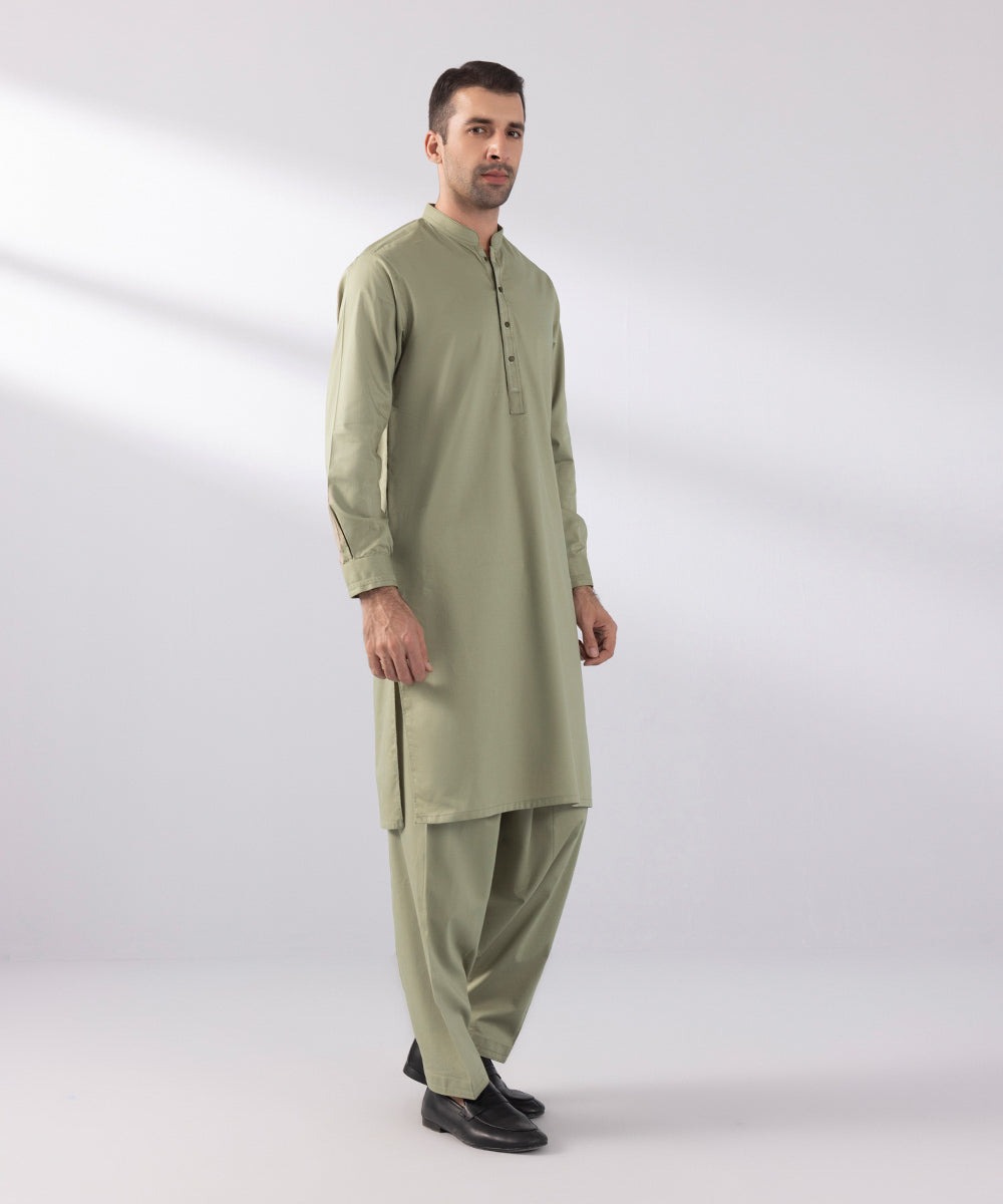 Men's Stitched Cotton Dobby Khaki Straight Hem Kurta Shalwar