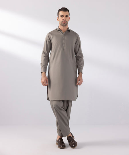 Men's Stitched Cotton Dobby Mauve Round Hem Kurta Shalwar