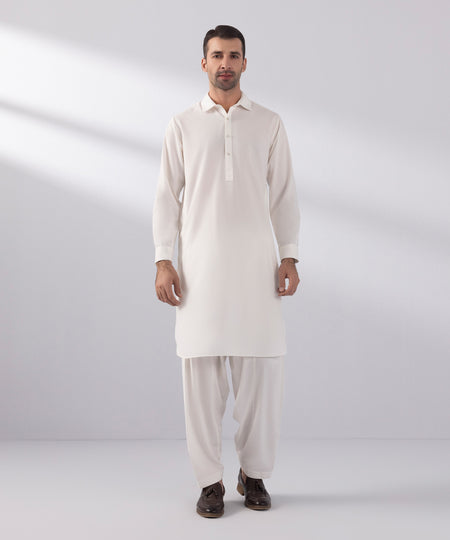 Men's Stitched Wash & Wear Off White Round Hem Kurta Shalwar