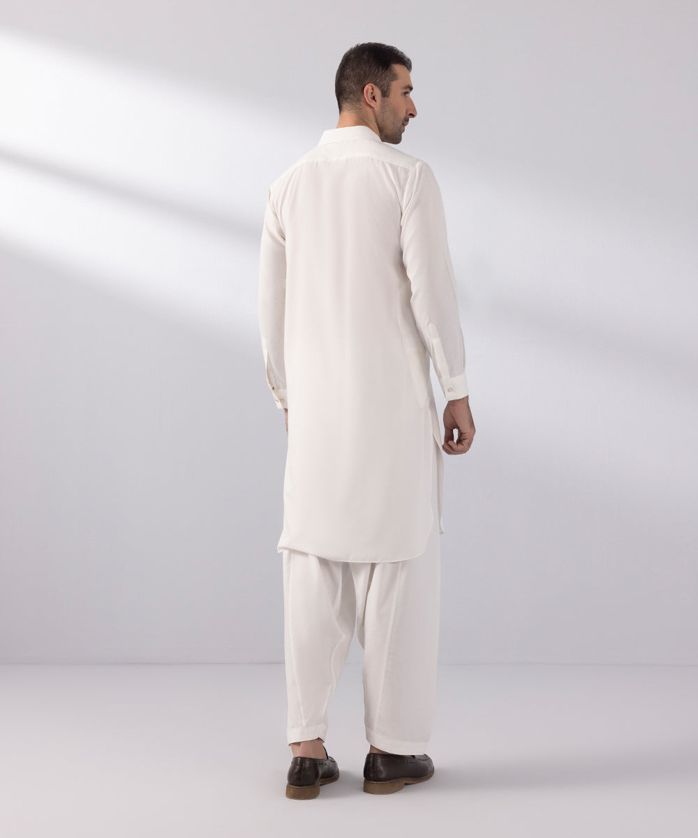 Men's Stitched Wash & Wear Off White Round Hem Kurta Shalwar