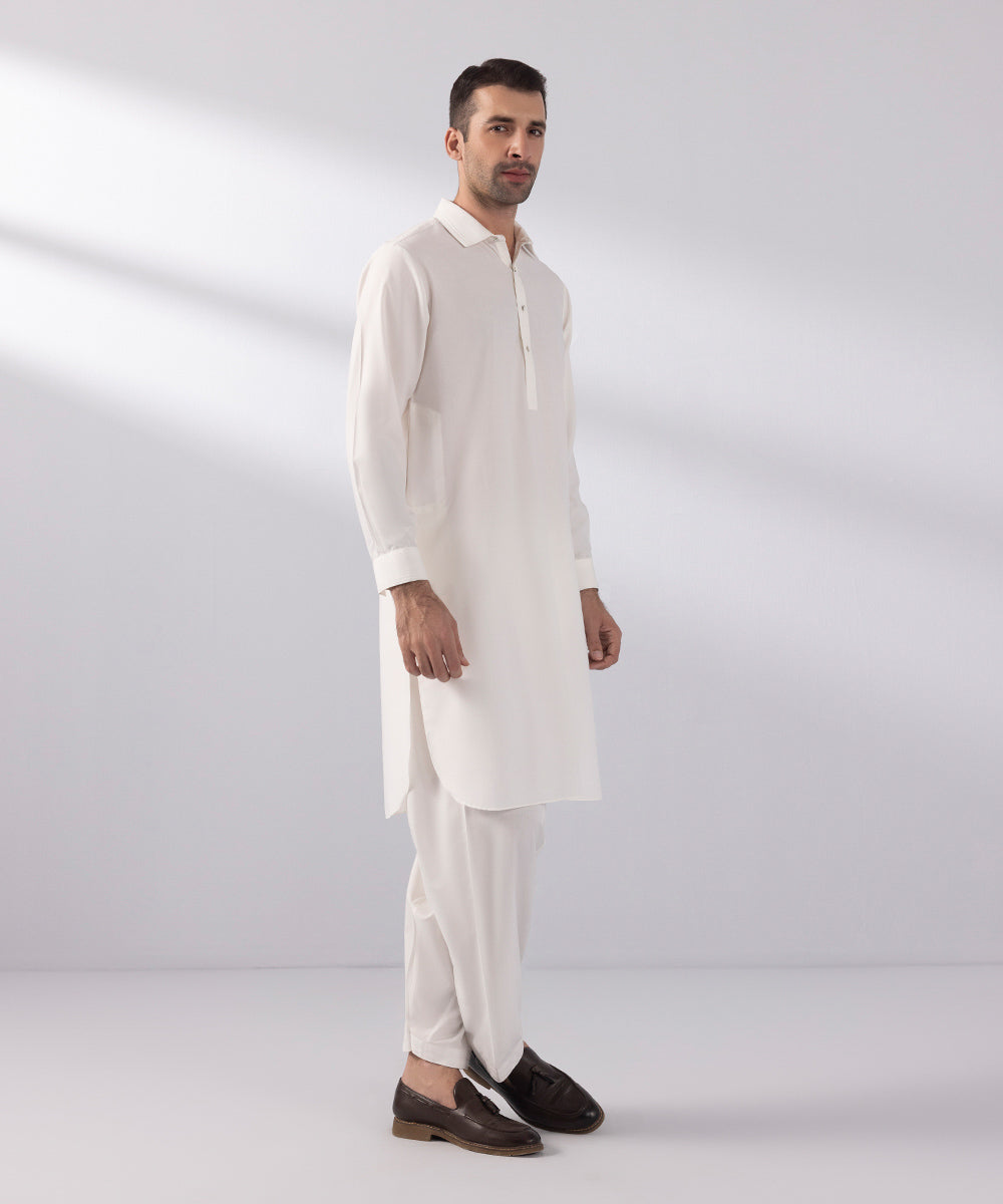 Men's Stitched Wash & Wear Off White Round Hem Kurta Shalwar