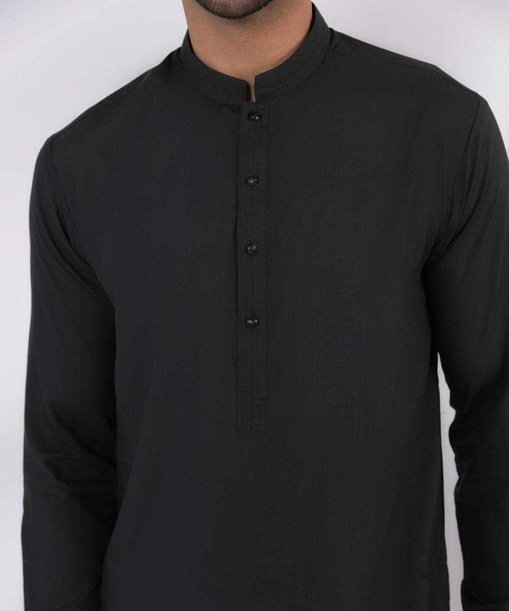 Men's Stitched Fancy Wash & Wear Jade Black Straight Hem Kurta Shalwar