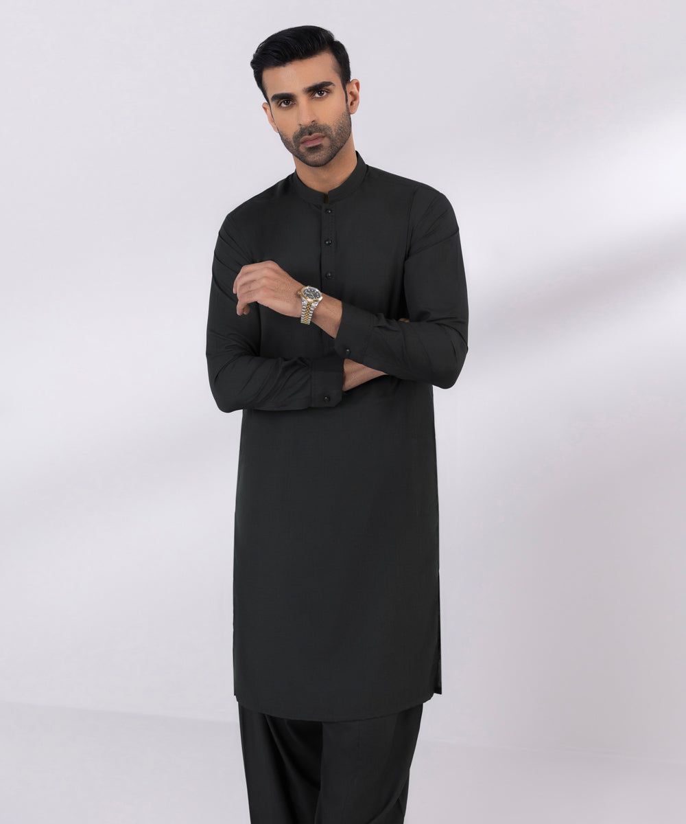 Men's Stitched Fancy Wash & Wear Jade Black Straight Hem Kurta Shalwar