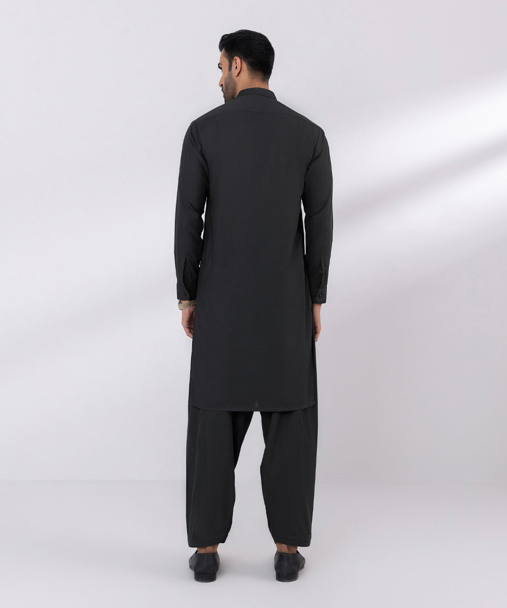 Men's Stitched Fancy Wash & Wear Jade Black Straight Hem Kurta Shalwar