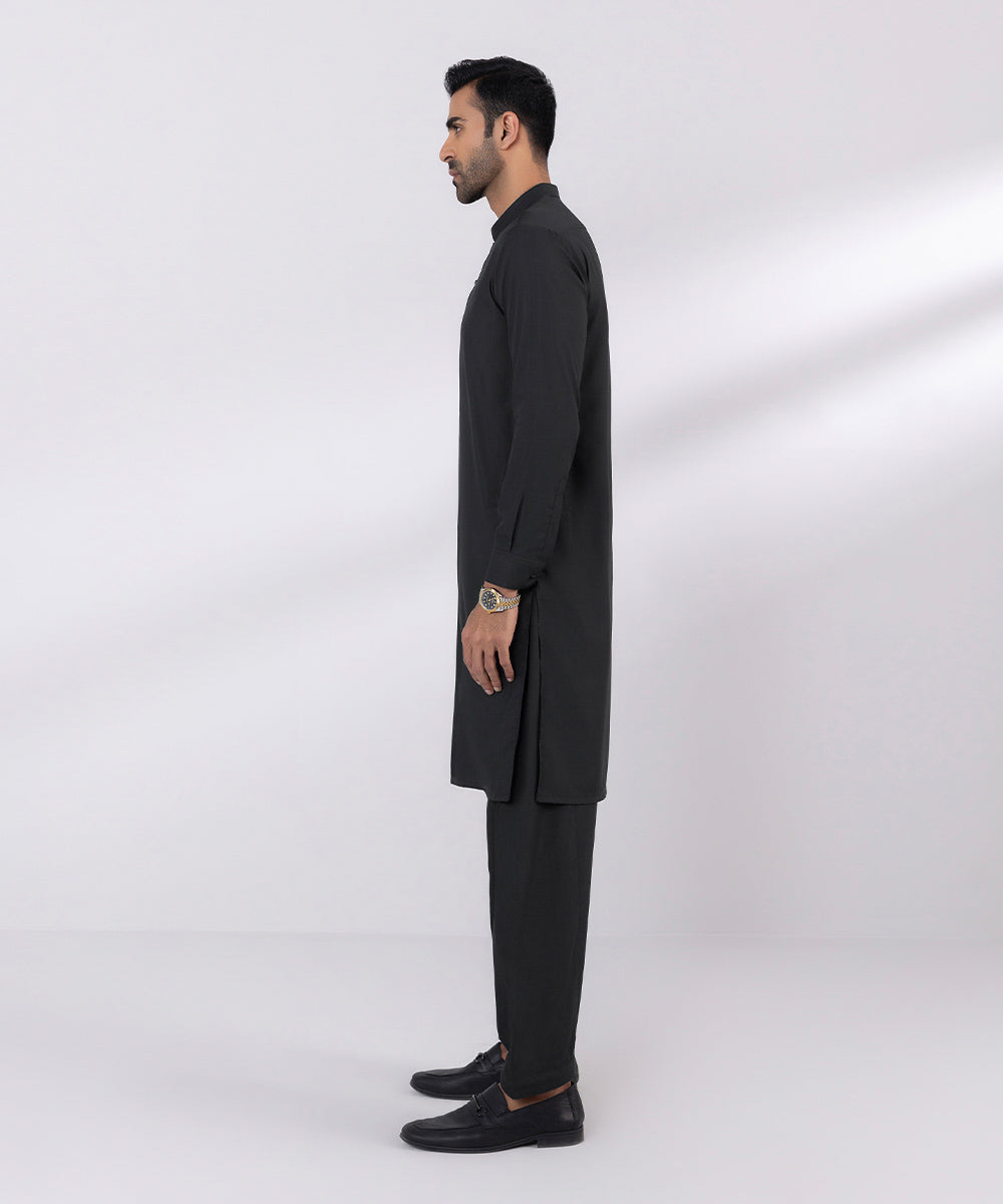 Men's Stitched Fancy Wash & Wear Jade Black Straight Hem Kurta Shalwar