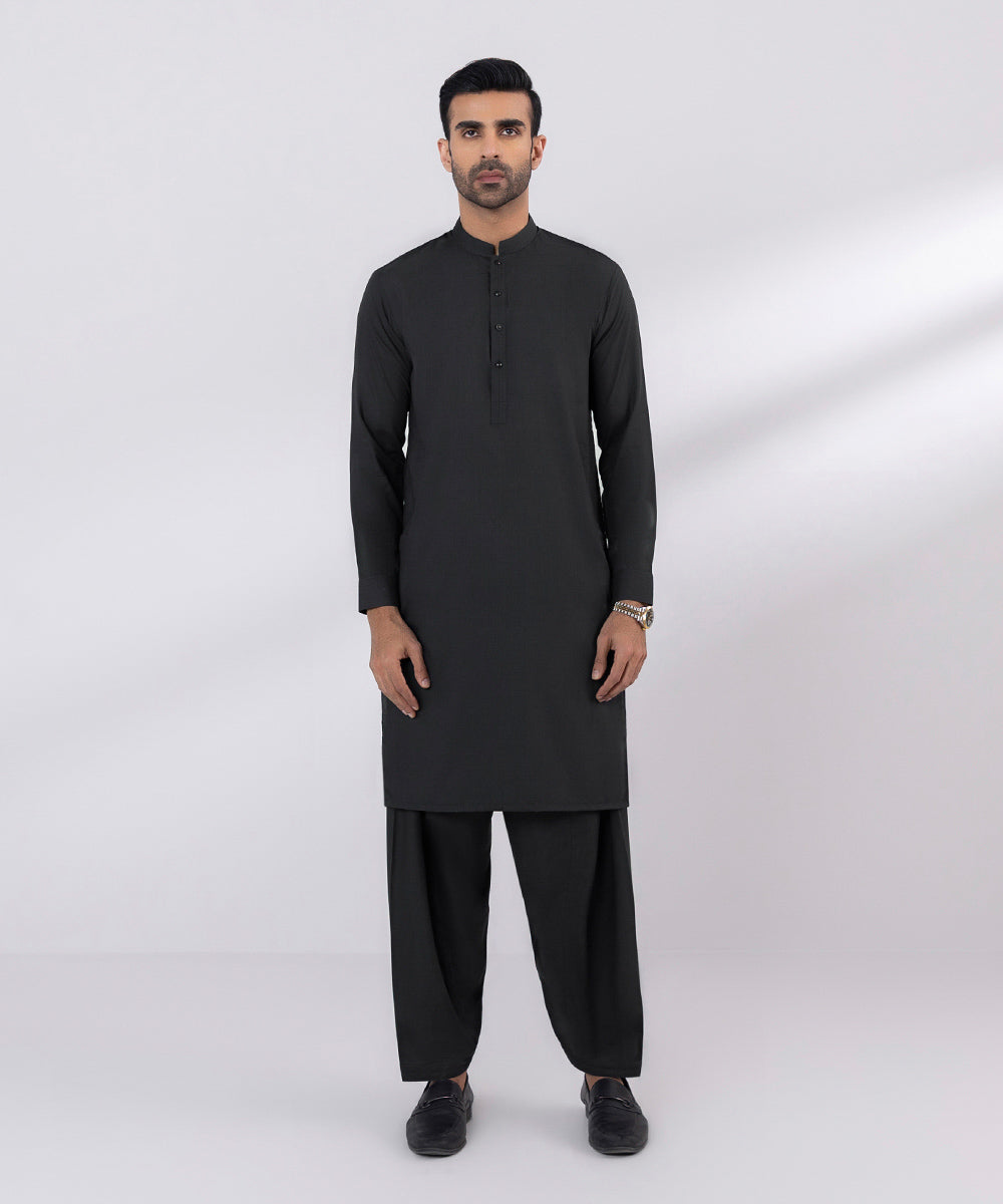 Men's Stitched Fancy Wash & Wear Jade Black Straight Hem Kurta Shalwar