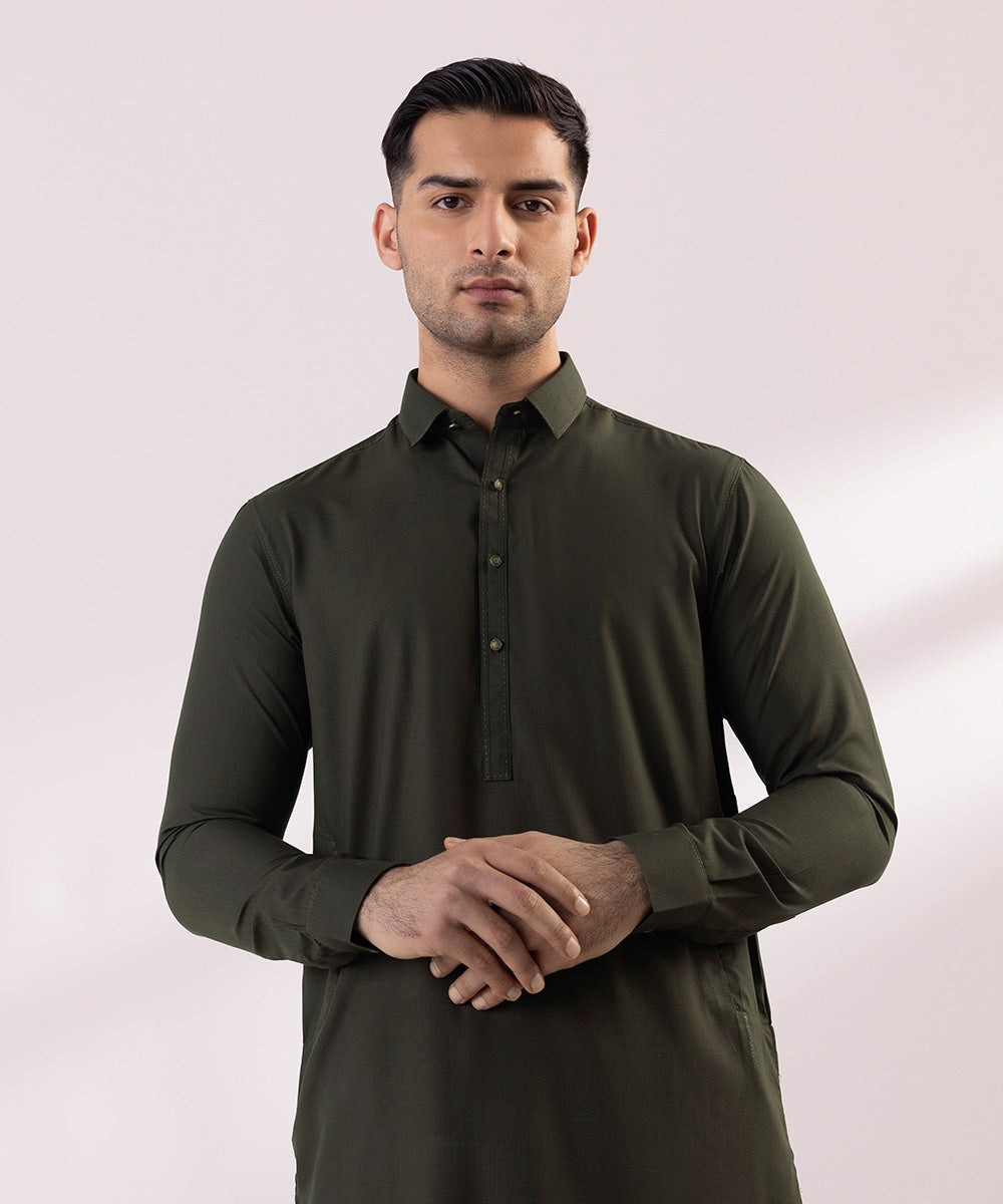 Men's Stitched Fancy Wash & Wear Dark Olive Round Hem Kurta Shalwar